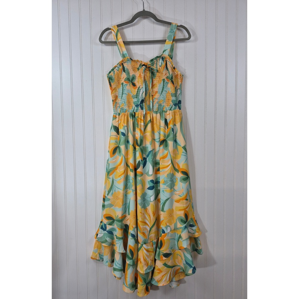 Grace Karin Floral Smocked Midi Dress Yellow Teal Tropical High Low Ruffle Med